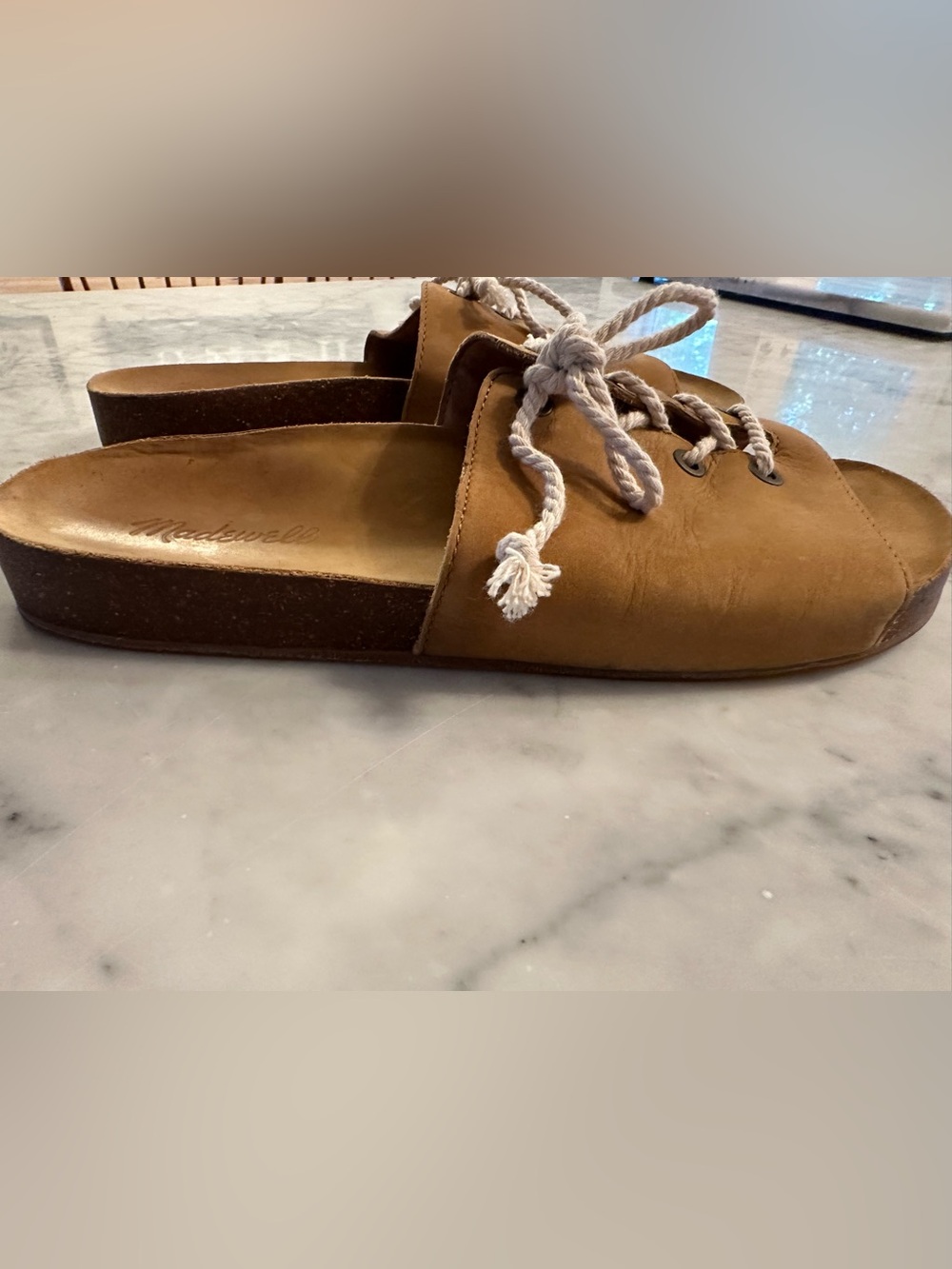 MADEWELL Aileen Slide Sandals Tan Leather & White Rope Laces Sz 9 Retail $98 EUC - Picture 4 of 5